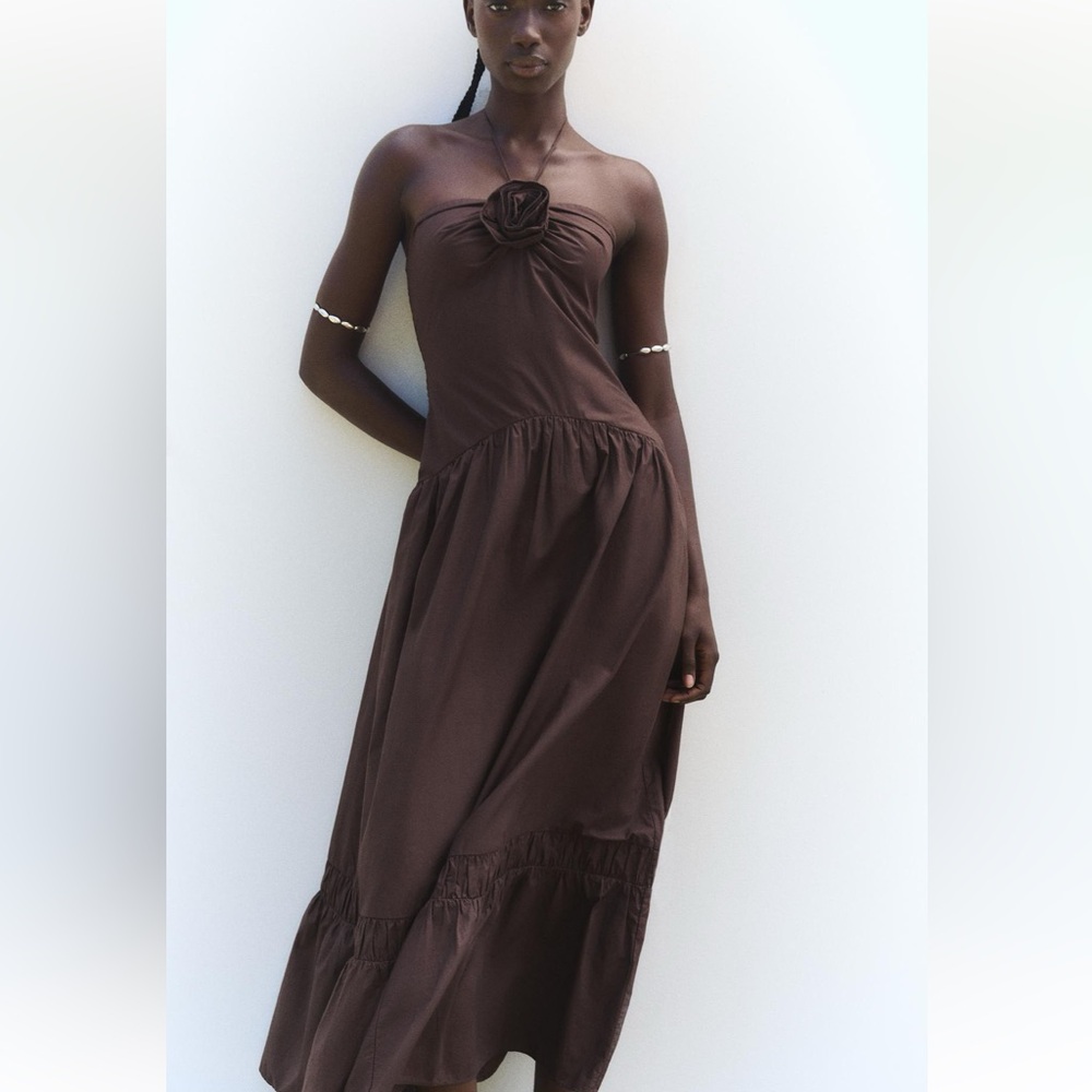 NWT ZARA BROWN POPLIN DRESS WITH FLOWER